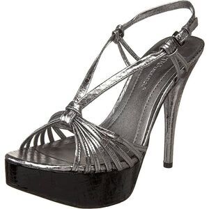 BCBGeneration Santos heeled leather sandal, silver pewter, sz 10